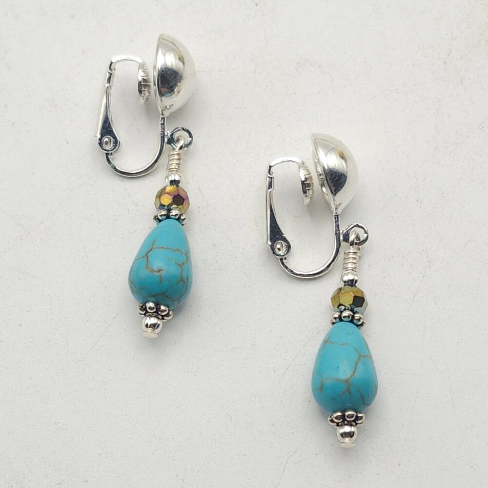 Silvertone Clip On Dangle Earrings Turquoise Look Teardrop Bead Pair Non Pierced